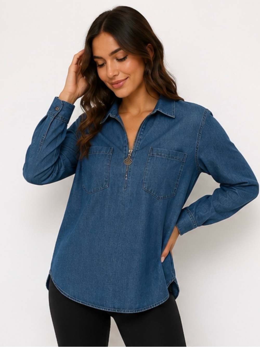 Anne Klein Blue Denim Zip-Pocket Button, Size small, Excellent Condition